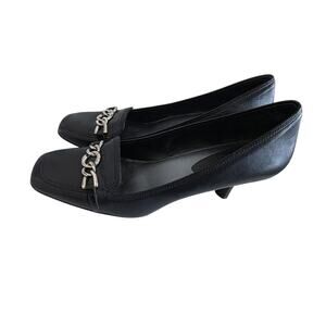 Cole Haan Classic Square Toe Black Leather Pumps Silver Tone Chain Link